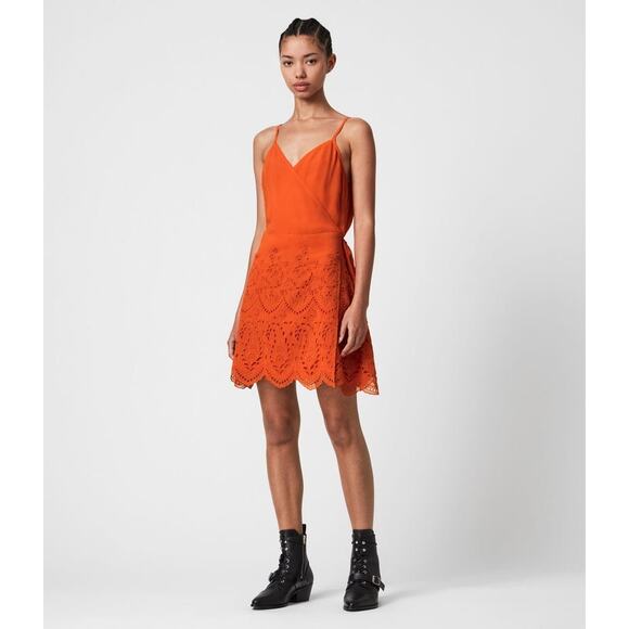 New All Saints Zariah Orange‎ Romantic Embroidered  Wrap Dress - Picture 1 of 11